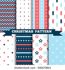 Set of seamless Christmas patterns. Illustration of a Christmas tree, snow, zig-zag. traditional New Year colors. Perfect for wallpapers, background, textile, Christmas and New Year greeting cards