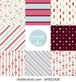 Set of seamless Christmas patterns. Illustration of a Christmas tree, snow, zig-zag. traditional New Year colors. Perfect for wallpapers, background, textile, Christmas and New Year greeting cards