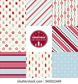 Set of seamless Christmas patterns. Illustration of a Christmas tree, snow, zig-zag. traditional New Year colors. Perfect for wallpapers, background, textile, Christmas and New Year greeting cards