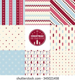 Set of seamless Christmas patterns. Illustration of a Christmas tree, snow, zig-zag. traditional New Year colors. Perfect for wallpapers, background, textile, Christmas and New Year greeting cards