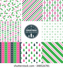 Set of seamless Christmas patterns. Illustration of a Christmas tree, snow. traditional New Year colors. Perfect for wallpapers, background, textile, Christmas and New Year greeting cards
