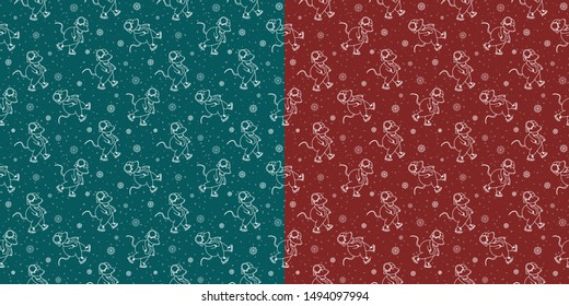 Set of seamless Christmas patterns with outline cute rat on skates in a hat and scarf on red and blue background. New Year design of wrapping paper with the symbol of 2020. 