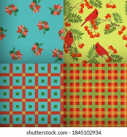 Set of seamless Christmas patterns with poinsettia, rowan branch, cardinal bird, Scottish cage.