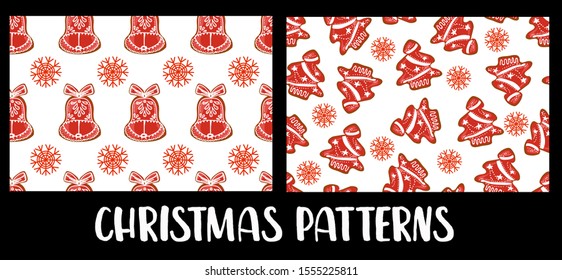 Set of seamless Christmas patterns. Red and white color combination.