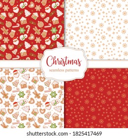 Set of seamless Christmas patterns with snowflakes and different gingerbread cookies on a red and white background.