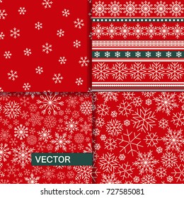 Set of seamless Christmas patterns with snowflakes. Vector flat design.