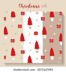 Set of seamless Christmas patterns with spruce in scandinavian style. 