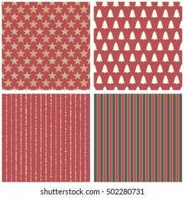 Set of seamless christmas patterns with stars, christmas trees, stripes, dots

