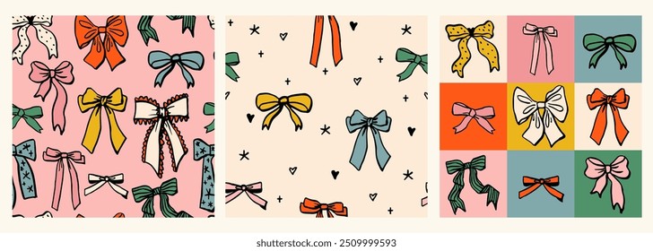 Set of Seamless Christmas patterns with various cartoon bow knots, gift ribbons. Trendy hair braiding accessory. Hand drawn vector illustration. Holiday background, wrapping paper.