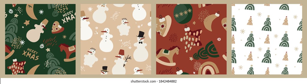 Set of seamless Christmas patterns. Vintage background for wrapping paper, textiles, Wallpaper. Collection of decorative cartoon symbols of winter holidays in Scandinavian style. Vector illustration.
