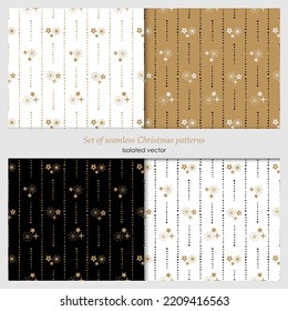 Conjunto de patrones de Navidad impecables. Fondo invernal con copos de nieve blancos y dorados y estrellas en blanco, dorado y negro.