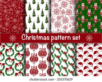 Set of seamless christmas patterns. Set of winter holiday backgrounds. Collection of seamless patterns with red and white colors. Used for  wrap, textile, paper. Merry Christmas and Happy New Year.