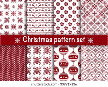 Set of seamless christmas patterns. Set of winter holiday backgrounds. Collection of seamless patterns with red and white colors. Used for  wrap, textile, paper. Merry Christmas and Happy New Year.