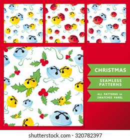 Set of seamless christmas patterns for your artworks. Multicolored jingle bells on the white background.