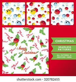 Set of seamless christmas patterns for your artworks. Multicolored jingle bells and phrase Merry Christmas on the white background.