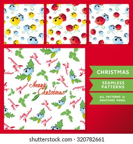 Set of seamless christmas patterns for your artworks. Multicolored jingle bells and phrase Merry Christmas on the white background.