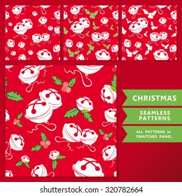 Set of seamless christmas patterns for your artworks. Simple jingle bells on the red background.