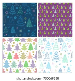 Set of Seamless Christmas vector pattern with colorful fir-trees