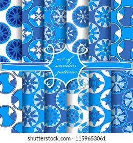 Set of seamless circular vector patterns. Abstract shapes, decorative flowers
