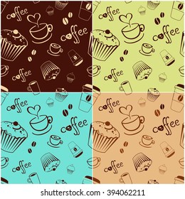 Set of seamless coffee background with cakes, cup, text, coffee beans. Vector pattern.