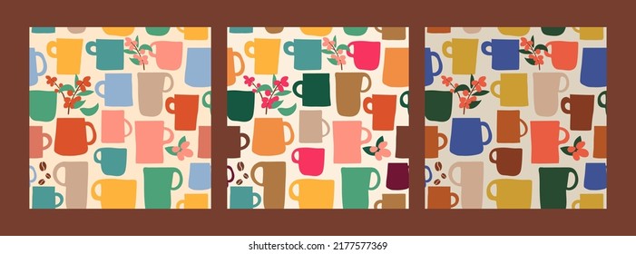 Set of seamless coffee cup patterns in 3 colors. Perfect for coffee shop design, wallpaper, wrapping, gifts, mugs and more