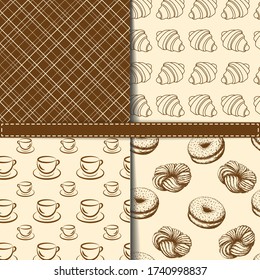 
Set of seamless coffee patterns with cups and pastries. Element for design textile, fabric, scrapbooking paper, wallpaper, menu cafe,bistro, restaurant, label and packaging. Vector.