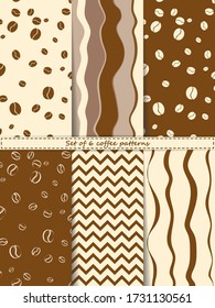 Set of seamless coffee patterns with vertical curved lines, zigzags. Element for your design textile, fabric, scrapbooking paper, wallpaper, menu cafe,bistro, restaurant, label and packaging. Vector.