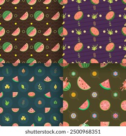 Set Seamless Collection Pattern Abstract Elements Fruits Food Watermelon Vector Design Style Background Illustration Texture For Prints Textiles, Clothing, Gift Wrap, Wallpaper, Pastel