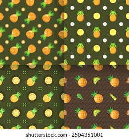 Set Seamless Collection Pattern Abstract Elements Fruits Food Pineapple Vector Design Style Background Illustration Texture For Prints Textiles, Clothing, Gift Wrap, Wallpaper, Pastel