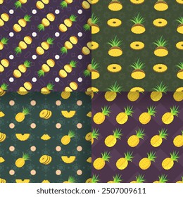 Set Seamless Collection Pattern Abstract Elements Fruits Food Pineapple Vector Design Style Background Illustration Texture For Prints Textiles, Clothing, Gift Wrap, Wallpaper, Pastel