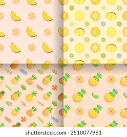 Set Seamless Collection Pattern Abstract Elements Fruits Food Pineapple Vector Design Style Background Illustration Texture For Prints Textiles, Clothing, Gift Wrap, Wallpaper, Pastel