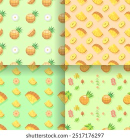 Set Seamless Collection Pattern Abstract Elements Fruits Food Pineapple Vector Design Style Background Illustration Texture For Prints Textiles, Clothing, Gift Wrap, Wallpaper, Pastel