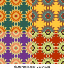 Set of seamless color patterns with abstract stars with rays
