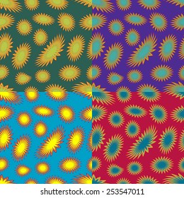 Set of seamless color patterns with abstract stars with rays