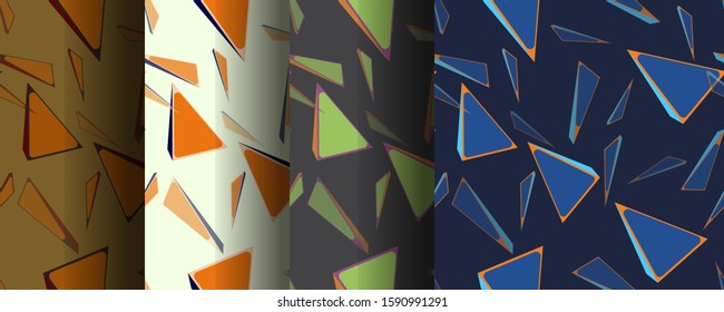 Set of seamless color patterns from volumetric triangles, polygonal illustration, vector, gray, green, blue, orange, brown. Background, wallpaper, wrapping paper, textile