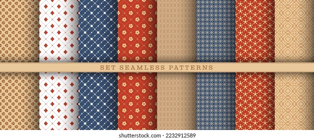 A set of seamless colored geometric and abstract patterns on colored backgrounds. Decoration for creating covers, banners, posters, texture prints and creative design