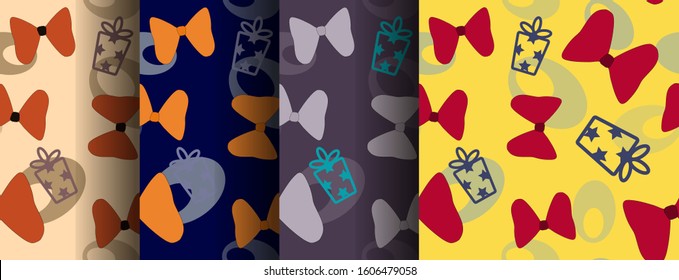 
Set of seamless colored patterns with bows, gifts, ovals. Background, vector. Beige, red, yellow, brown, blue. Festive, ornament. Bright, fashionable print. Background, textiles, wallpaper, wrapping 