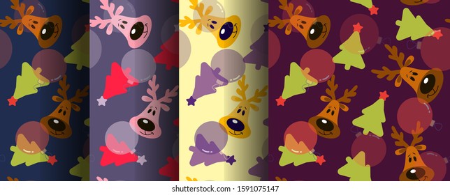 Set of seamless colored patterns with Christmas trees, stars, Christmas toys, deer. Background, vector. ornament. New Year print. Background