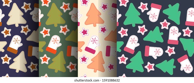 
Set of seamless colored patterns with Christmas trees, stars, mittens. yellow, blue, pink, orange, green, brown. Festive, ornament. New Year print. Background, wallpaper, wrapper, vector