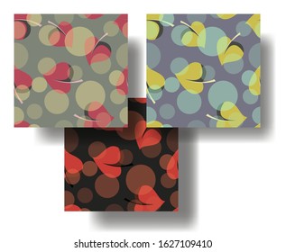 Set of seamless colored patterns with circles, leaves. Holiday ornament for decoration, wallpaper, wrapping paper, textile. Pink, gray, olive, black. Gentle ornament, 