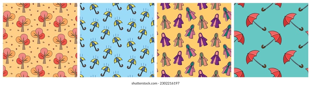 Set of seamless colored patterns with fall autumn season weather elements doodle vector. Leaves falling from trees, umbrella in the rain, raincoat.