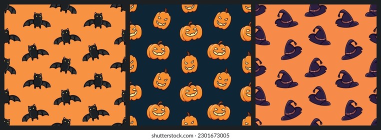 Set of seamless colored patterns with Halloween decoration elements doodle vector