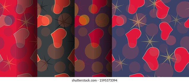 
Set of seamless colored patterns with hearts, circles, stars. Background, vector.  yellow, blue, red, lilac. Festive, ornament. gift print. Background, wallpap