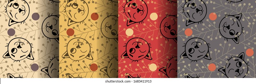 Set of seamless colored patterns with joyful cats . Cute pattern with playful kitten, baby ornament for clothes and wallpaper, for fabric on furniture and bedding. Background, vector. yellow, beige