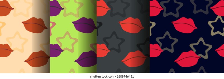 Set of seamless colored patterns with lips, stars. Background, vector. Brown, Red, Beige, Blue, Green, Gray, Purple . Festive, ornament. Bright, fashionable print. Background for textiles, wallpaper