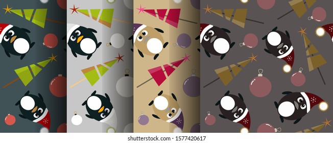 Set of seamless colored patterns. Penguin in Santa hat under the Christmas tree with a gift, greeting card, holiday vector illustration, cartoon animal. ornament, New Year print. Background, vector