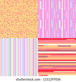 Set of seamless colored patterns. Pretty bright colors. Abstract geometric wallpaper of the surface. Striped backgrounds. Prints for polygraphy, posters, flyers, t-shirts and textiles. Doodle for work