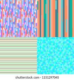 Set of seamless colored patterns. Pretty bright colors. Abstract triangle wallpaper of the surface. Striped backgrounds. Prints for polygraphy, posters, flyers, t-shirts and textiles. Doodle for work
