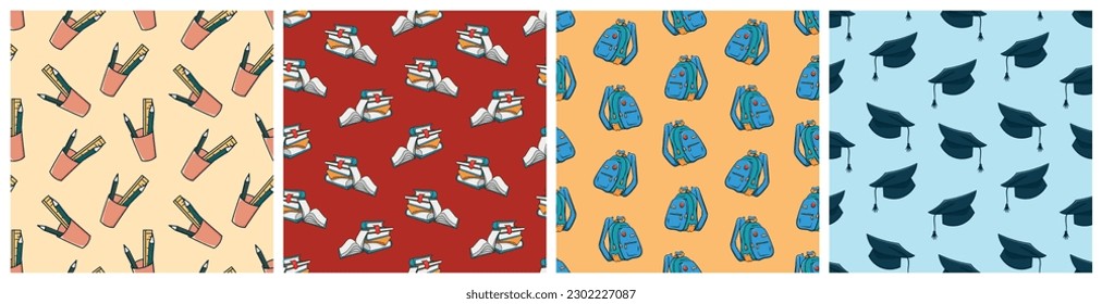 Set of seamless colored patterns with school and college education attributes elements doodle vector. Stationery cup, book stack, backpack, graduation cap.
