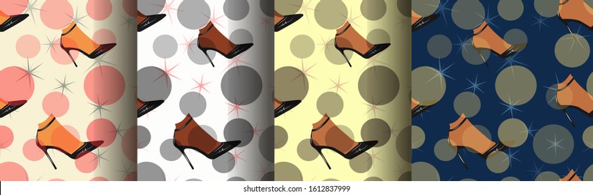 

Set of seamless colored patterns with shoes, circles, leg. Background, vector. Gray, blue, beige, pink. Festive, ornament. Bright, fashionable background print. For textiles, wrapping paper